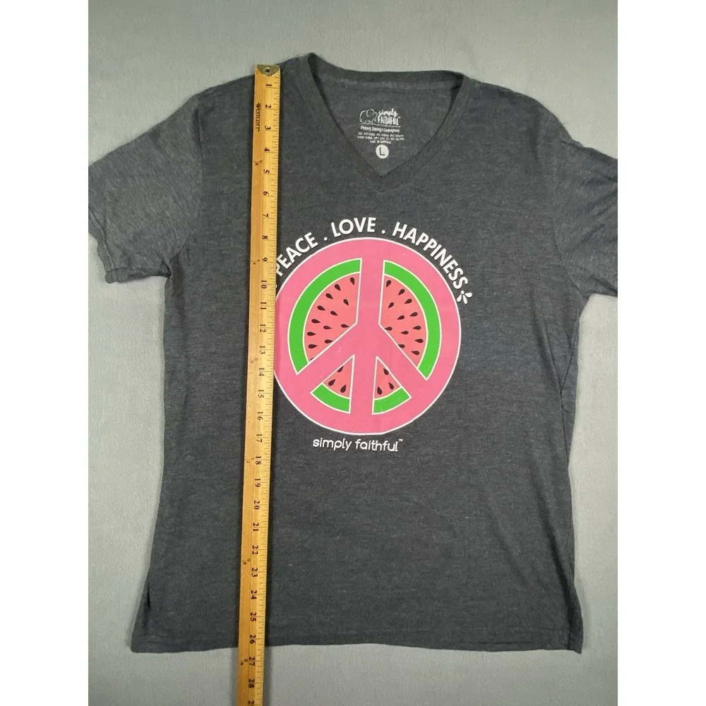 Simply Faithful "Peace Love Happiness" Watermelon Peace Symbol V Neck T Shirt L - Picture 2 of 8